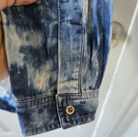 Mebon Machine Chambray Romper Jumpsuit Women L Blue Denim LongSleeve Tye Dye - Picture 13 of 16